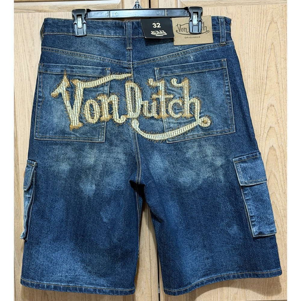 Von Dutch Cargo Jean Shorts Men's Size 32 Y2K Embroidered Logo NWT Denim Utility